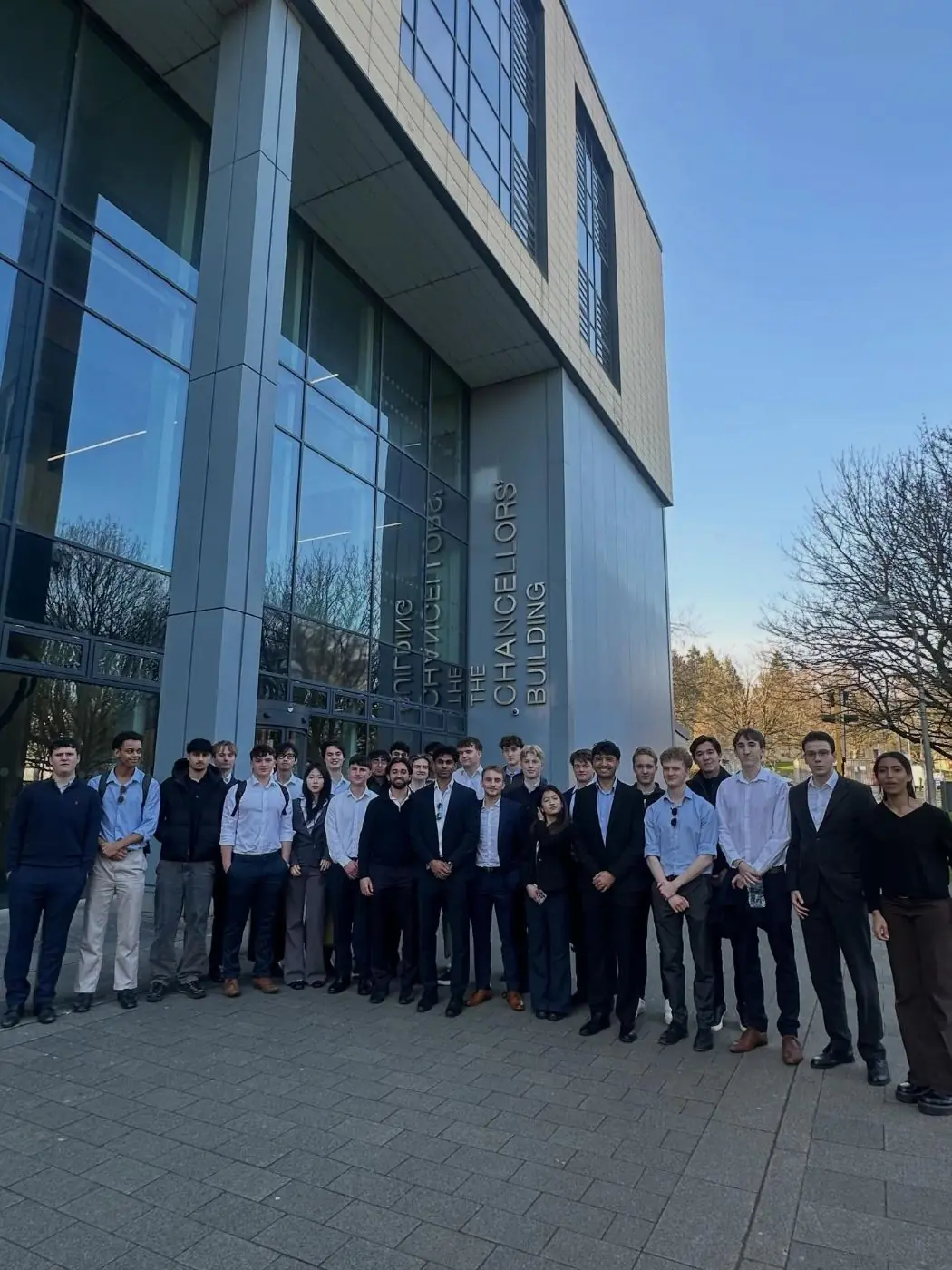 A large group of SOBIC members outside the Chancellors’ Building at the University of Bath